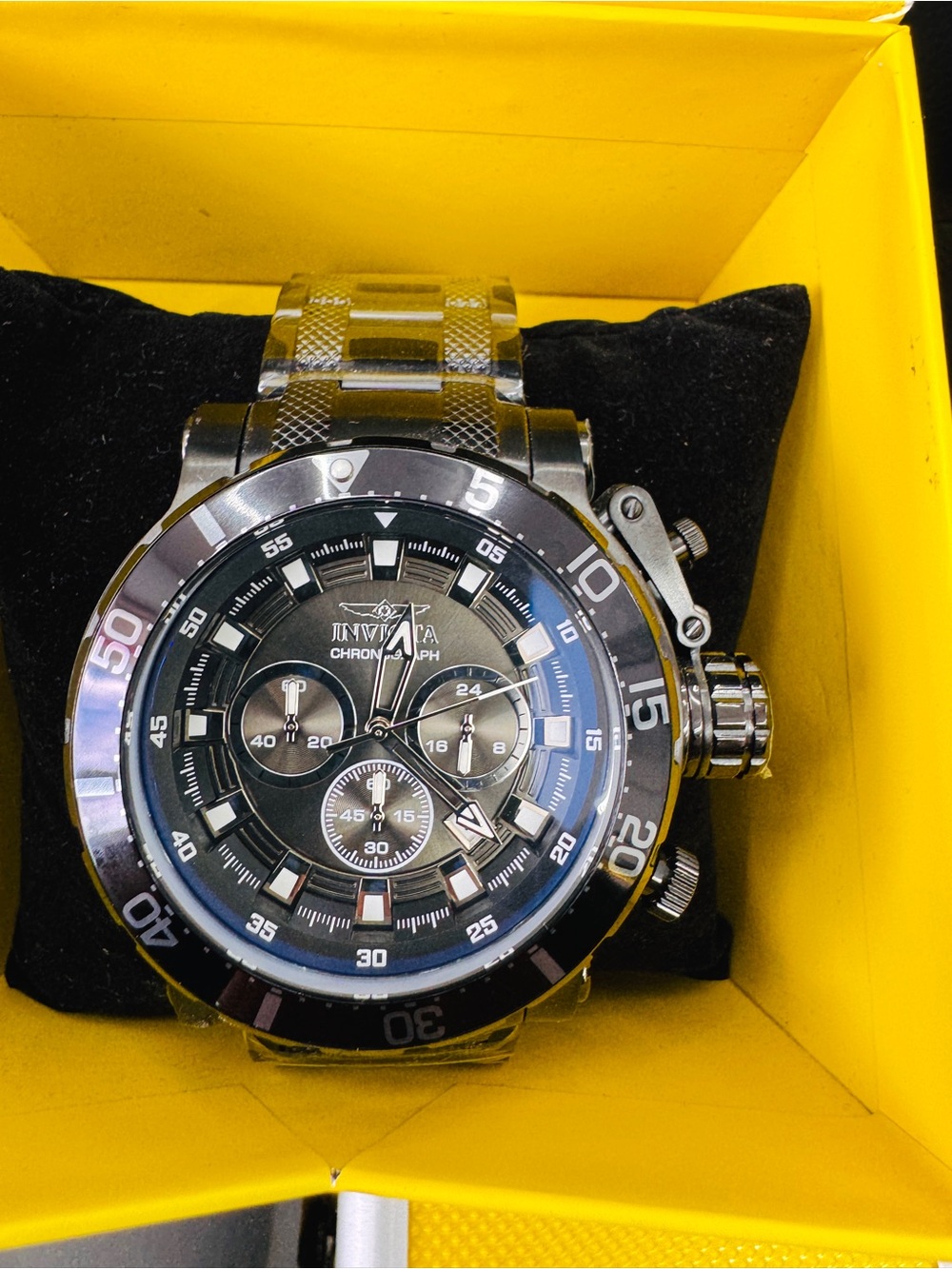 Invicta Men's Black and Silver Chronograph Stainless Steel Watch